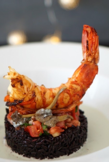 Gambas et riz vénéré aux girolles et thé matcha