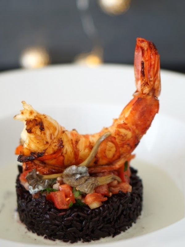 Gambas et riz vénéré aux girolles et thé matcha