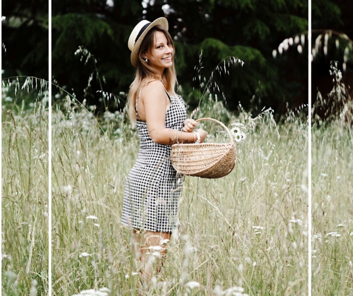 Ginette au pré, en robe vichy …