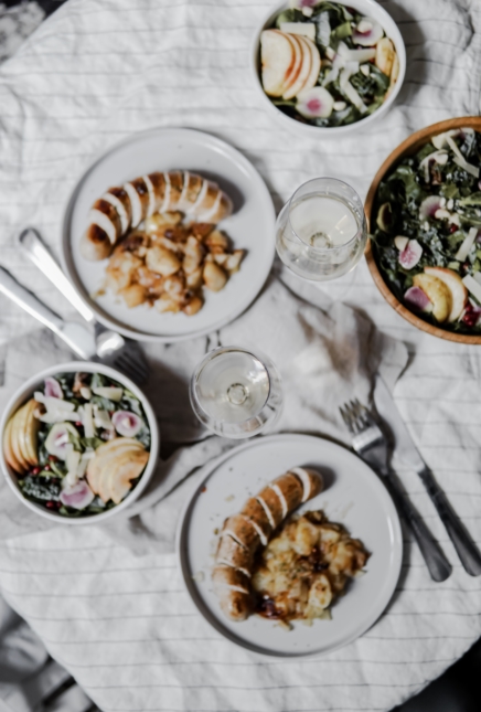 Boudin blanc aux pommes et salade Kale/epinards