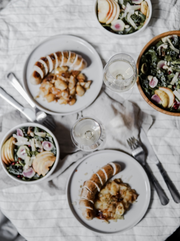 Boudin blanc aux pommes et salade Kale/epinards