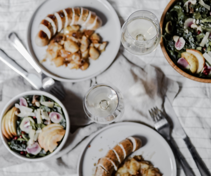 Boudin blanc aux pommes et salade Kale/epinards
