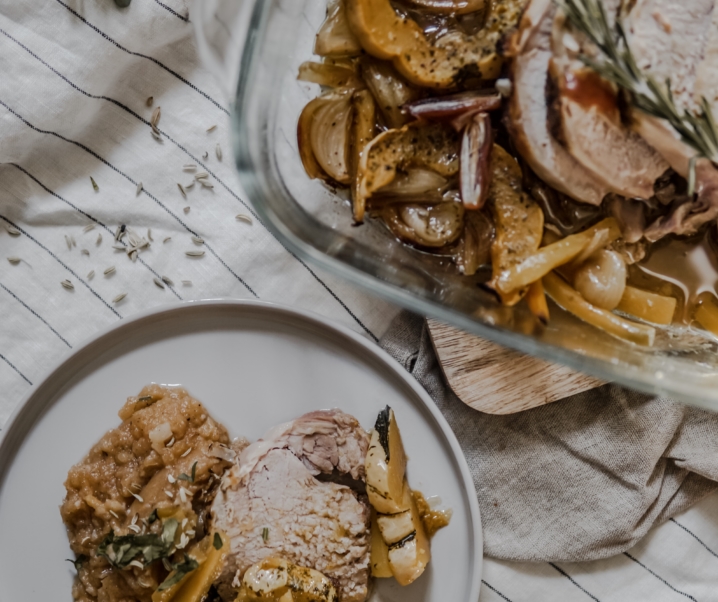 Rôti de porc aux patidou et purée de rutabaga et topinambour aux épices.