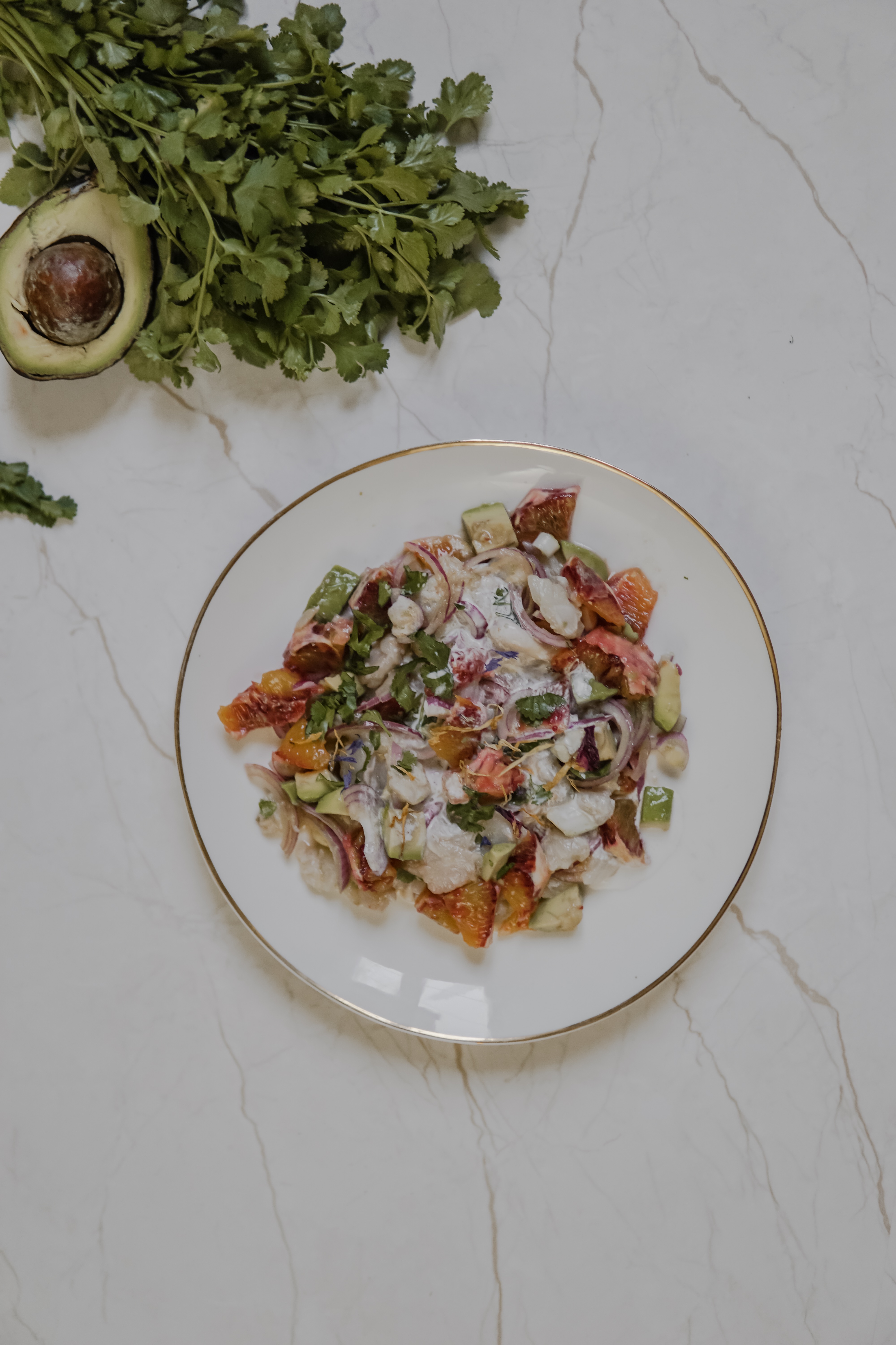 Ceviche de poisson au lait de coco et orange sanguine