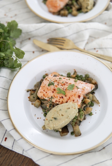 Prêt en 10 min: Truite, aubergines et petits pois